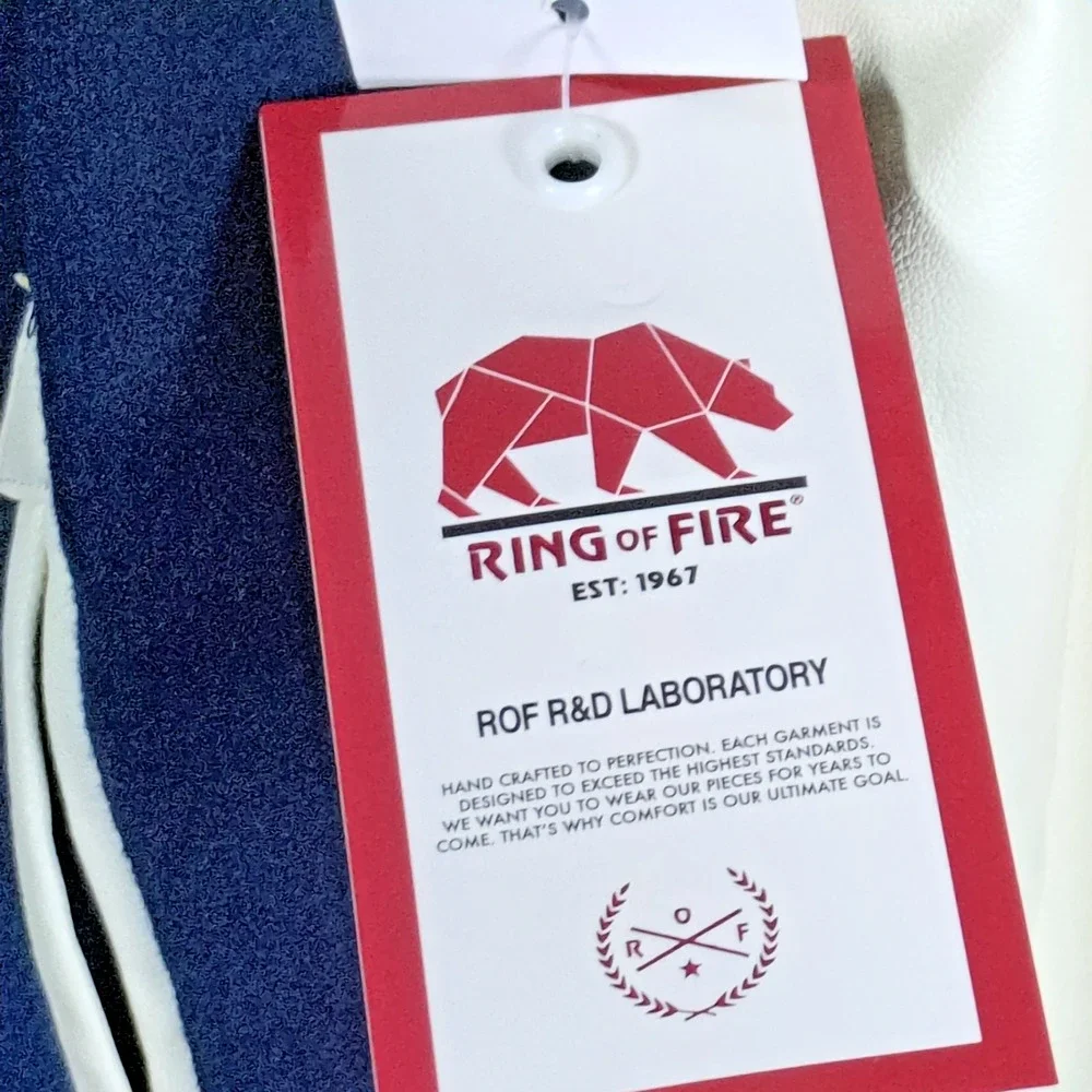 Ring Of Fire JUCAL Boys XL Varsity Jacket Navy Off White LA Patches Youth NWT